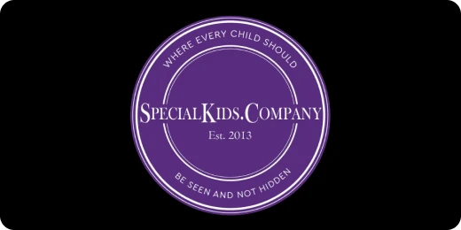 Special kids company established 2013, where every child should be seen and not hidden, in a purple circle on black background.